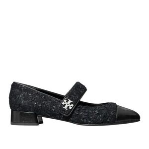 TORY BURCH Black Boucle Leather Cap Toe Ballet Mary Jane Heel